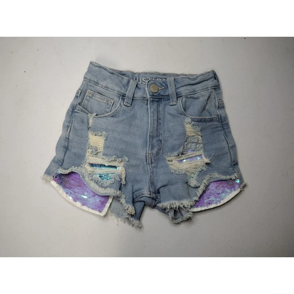 Justice Girls Light Wash Distressed Flip Sequin Denim Shorts Size 8